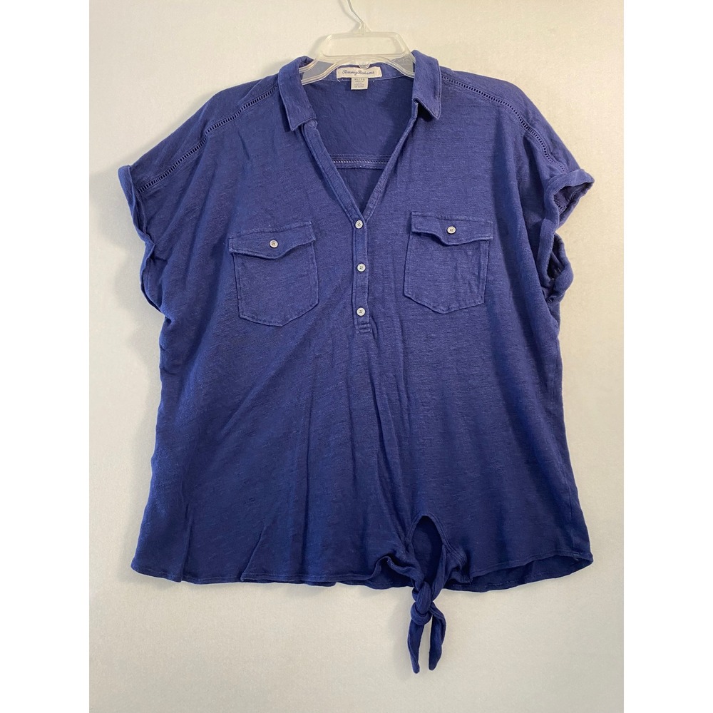 Tommy Bahama Womens XL Blue 100% Linen Tie Front Button Top Short Sleeve Henley